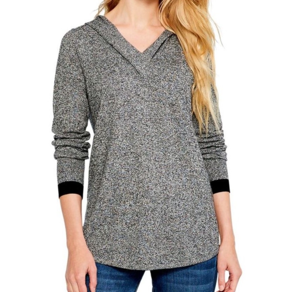NIC+ZOE The Vital Hoodie Black Mix Stretch Knit V-Neck Pullover Sweater Comfy XL - Picture 1 of 13